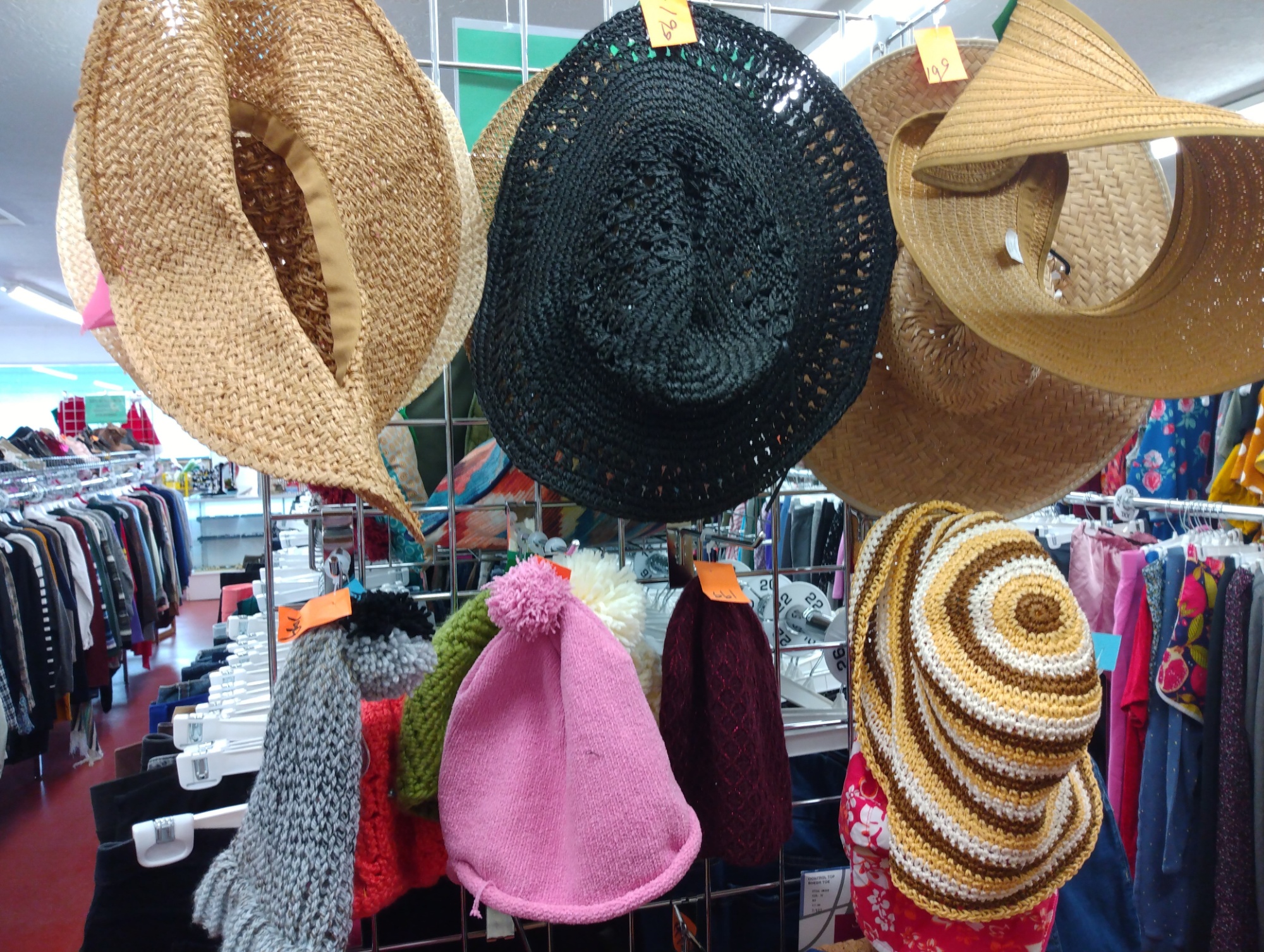 Image of 6 hats hanging up in a thrift store